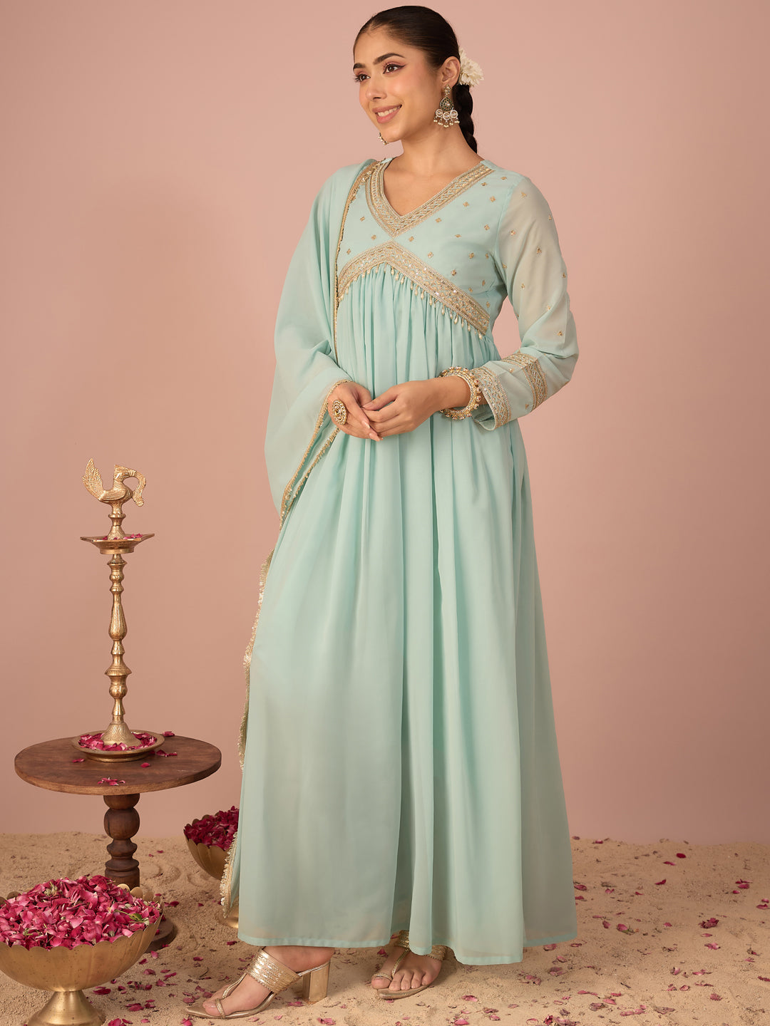 Janasya Women's Aqua Georgette Floral Sequins And Zari Yoke Embroidered A-Line Gown with Dupatta Set