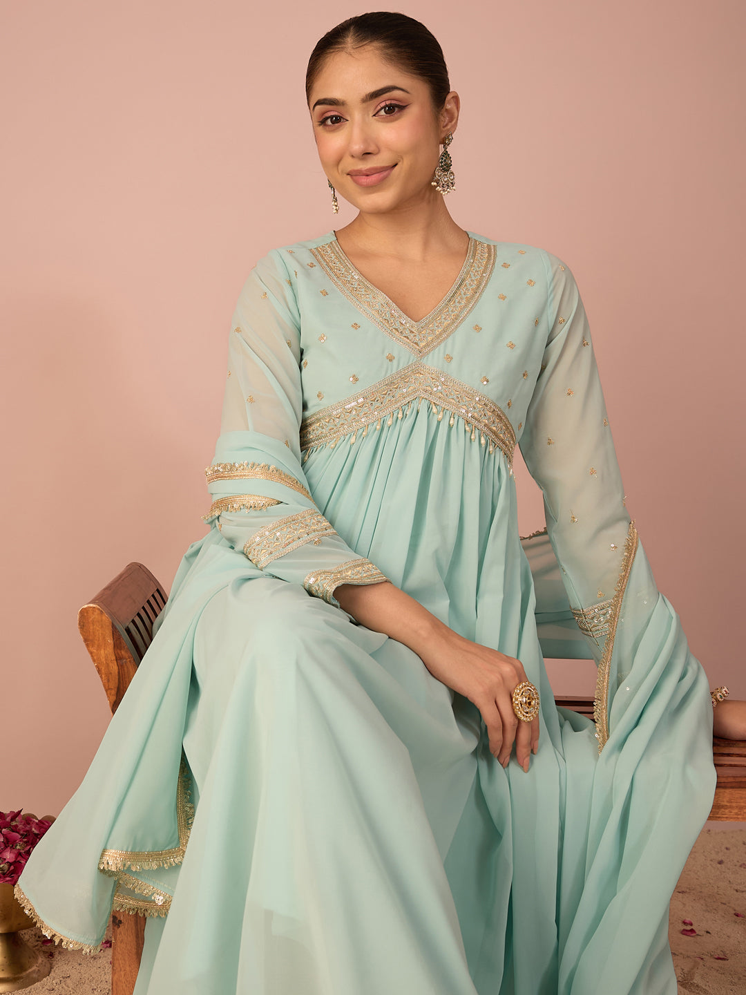 Janasya Women's Aqua Georgette Floral Sequins And Zari Yoke Embroidered A-Line Gown with Dupatta Set