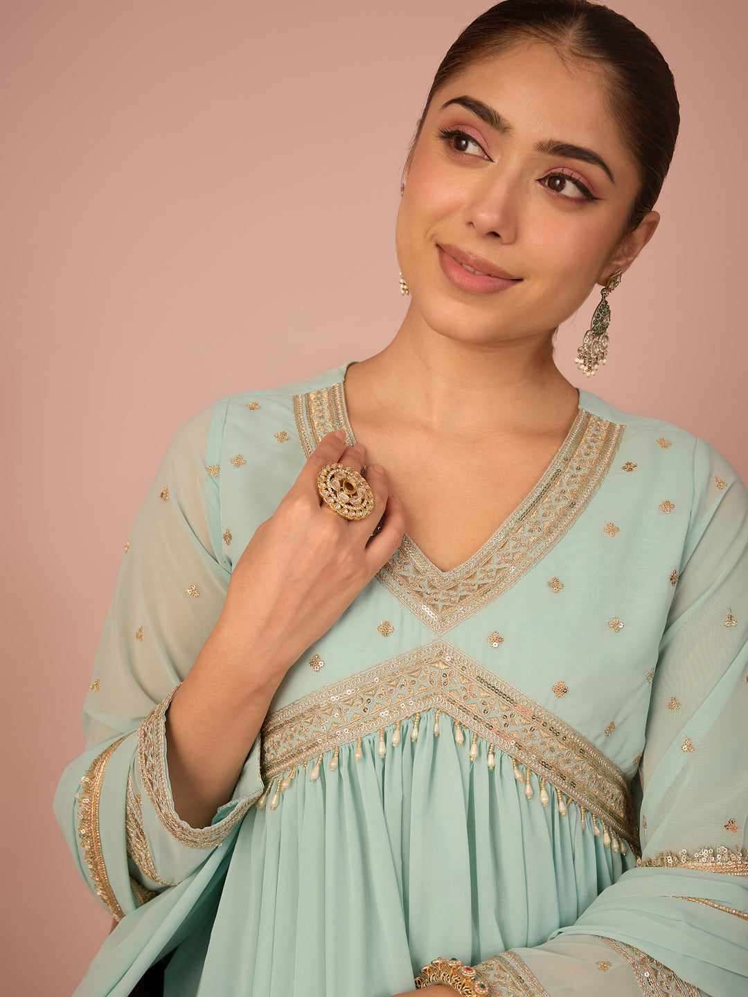 Janasya Women's Aqua Georgette Floral Sequins And Zari Yoke Embroidered A-Line Gown with Dupatta Set