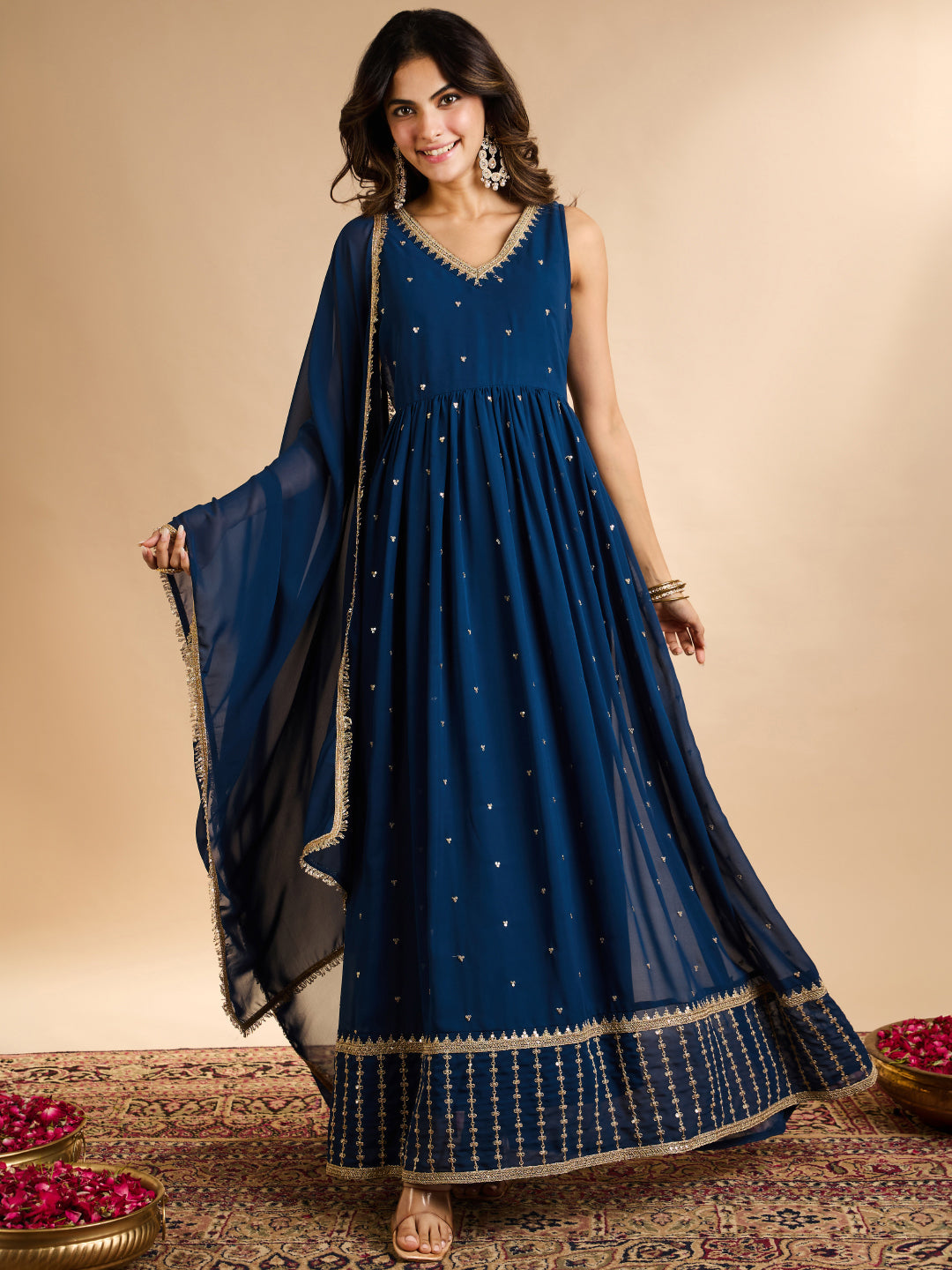 Janasya Women's Navy Blue Georgette Sequins Zari Embroidered A-Line Gown with Dupatta Set