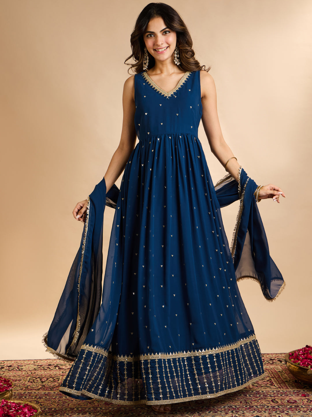 Janasya Women's Navy Blue Georgette Sequins Zari Embroidered A-Line Gown with Dupatta Set