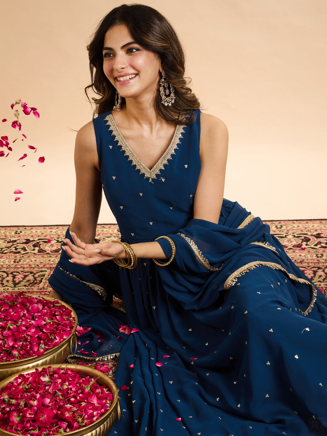 Janasya Women's Navy Blue Georgette Sequins Zari Embroidered A-Line Gown with Dupatta Set
