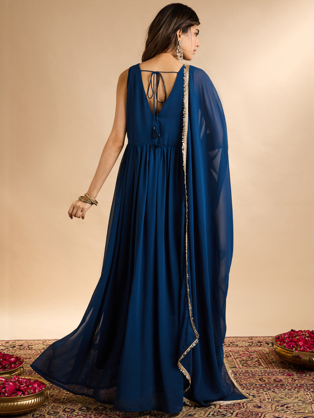 Janasya Women's Navy Blue Georgette Sequins Zari Embroidered A-Line Gown with Dupatta Set