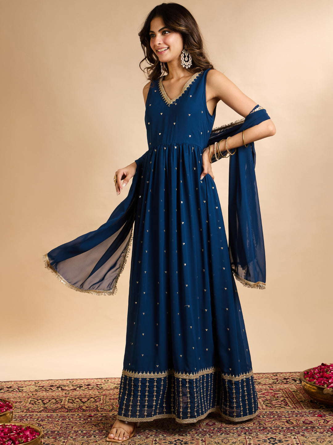 Janasya Women's Navy Blue Georgette Sequins Zari Embroidered A-Line Gown with Dupatta Set