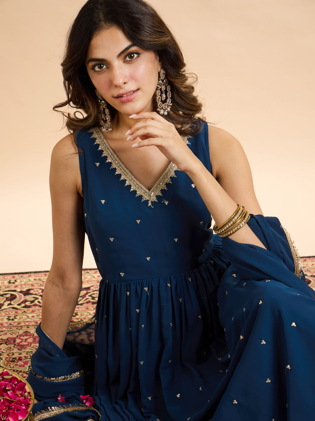 Janasya Women's Navy Blue Georgette Sequins Zari Embroidered A-Line Gown with Dupatta Set