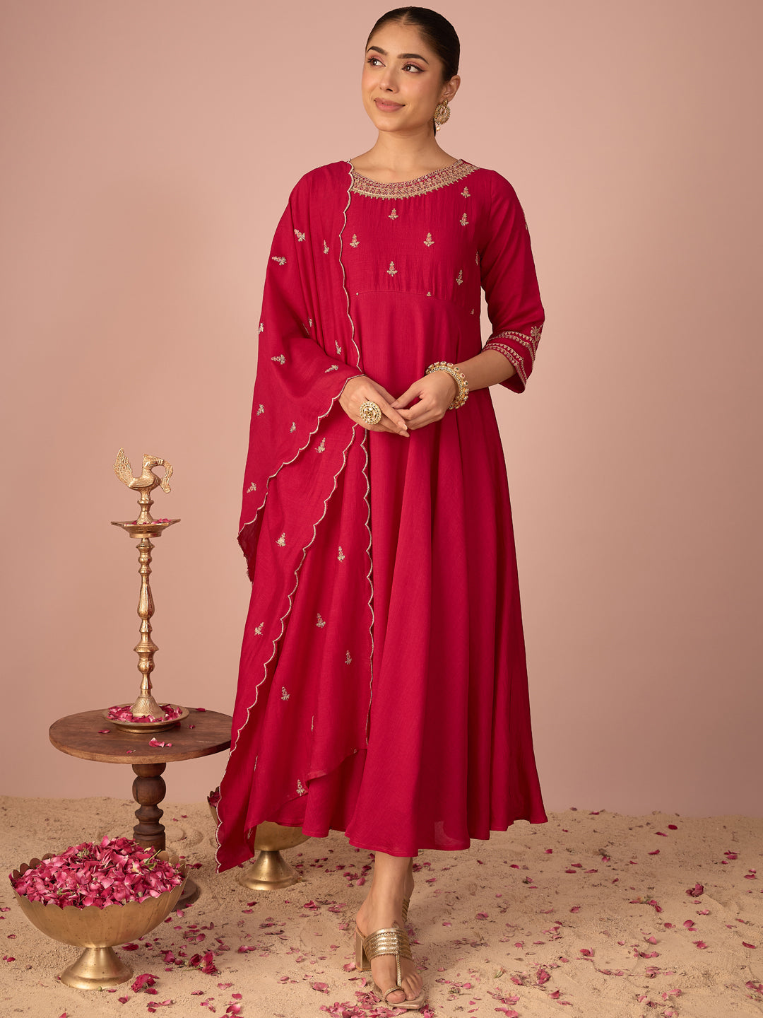 Janasya Women's Pink Silk Blend Floral Sequins And Zari Yoke Embroidered A-Line Gown with Dupatta Set