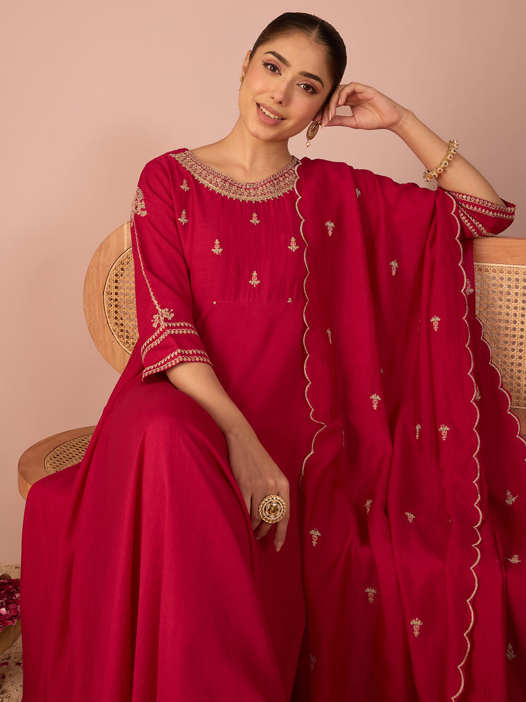 Janasya Women's Pink Silk Blend Floral Sequins And Zari Yoke Embroidered A-Line Gown with Dupatta Set