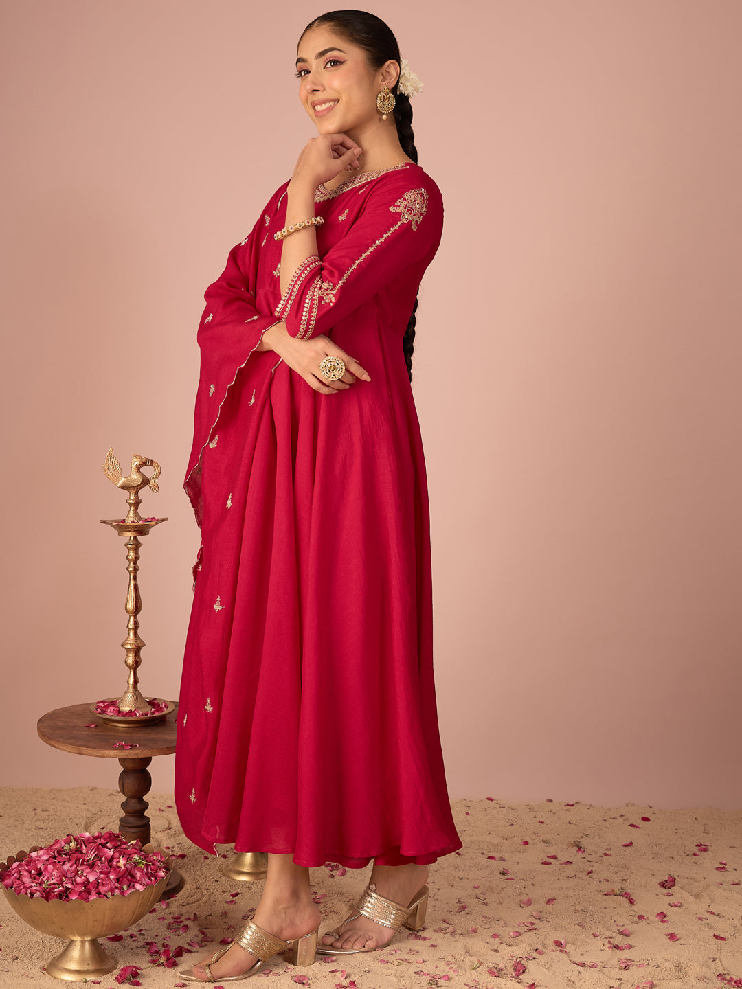 Janasya Women's Pink Silk Blend Floral Sequins And Zari Yoke Embroidered A-Line Gown with Dupatta Set