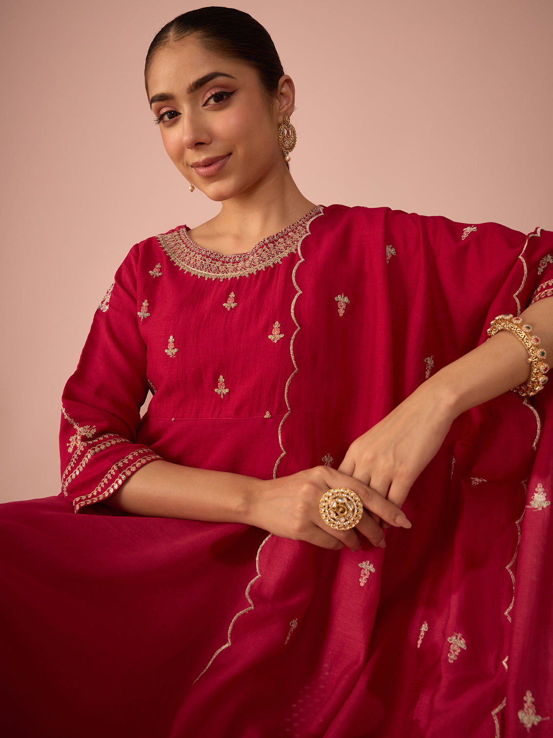 Janasya Women's Pink Silk Blend Floral Sequins And Zari Yoke Embroidered A-Line Gown with Dupatta Set