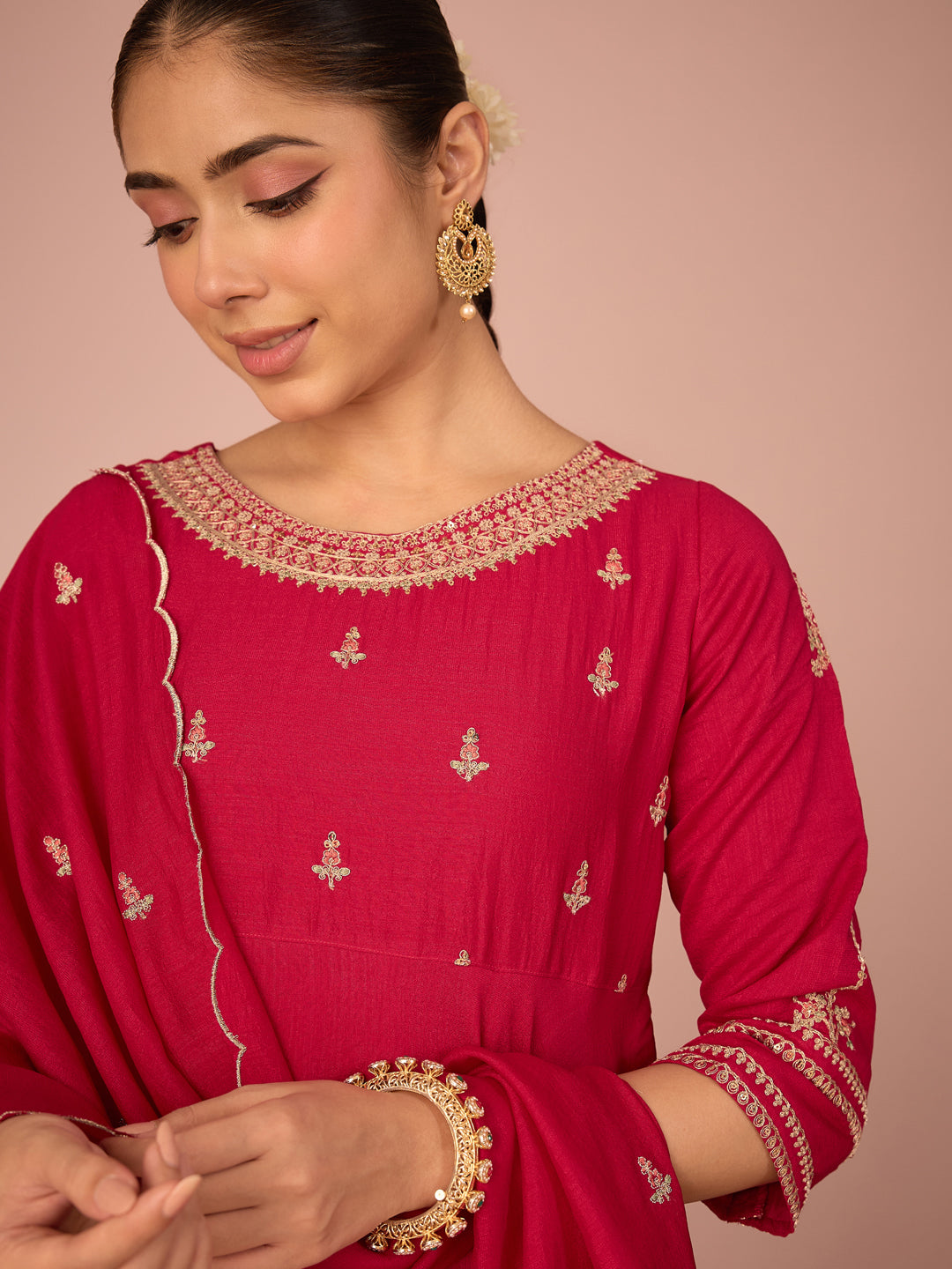 Janasya Women's Pink Silk Blend Floral Sequins And Zari Yoke Embroidered A-Line Gown with Dupatta Set