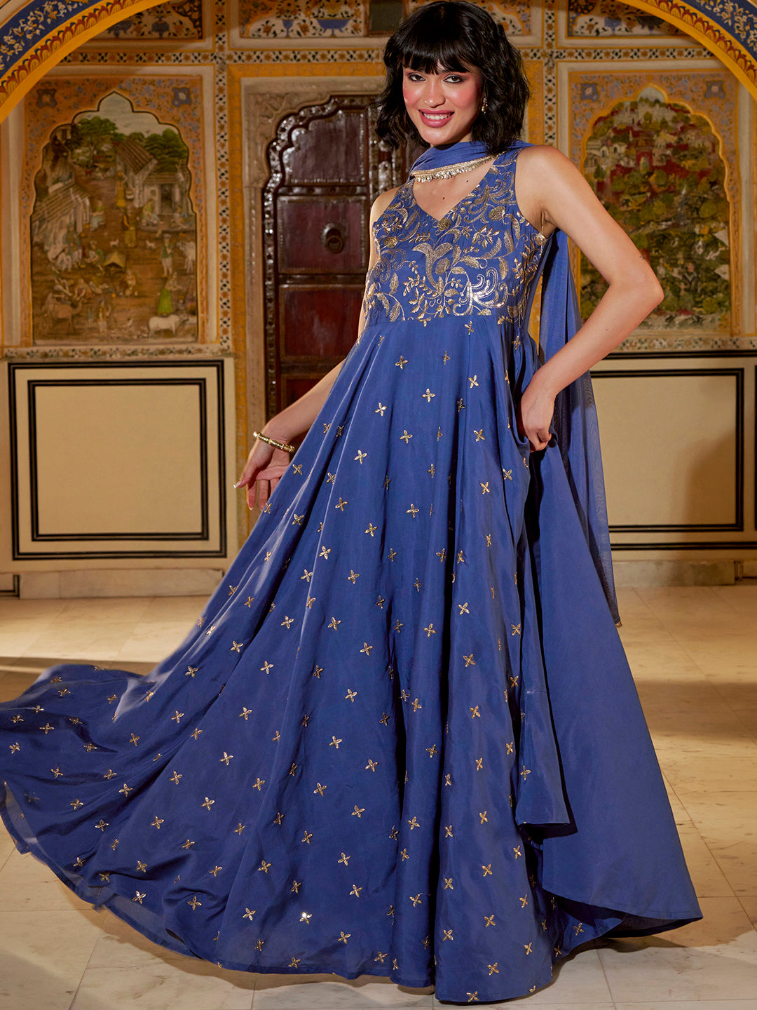 Janasya Women's Blue Chanderi Silk Floral Zari Embroidered A-Line Gown with Dupatta Set