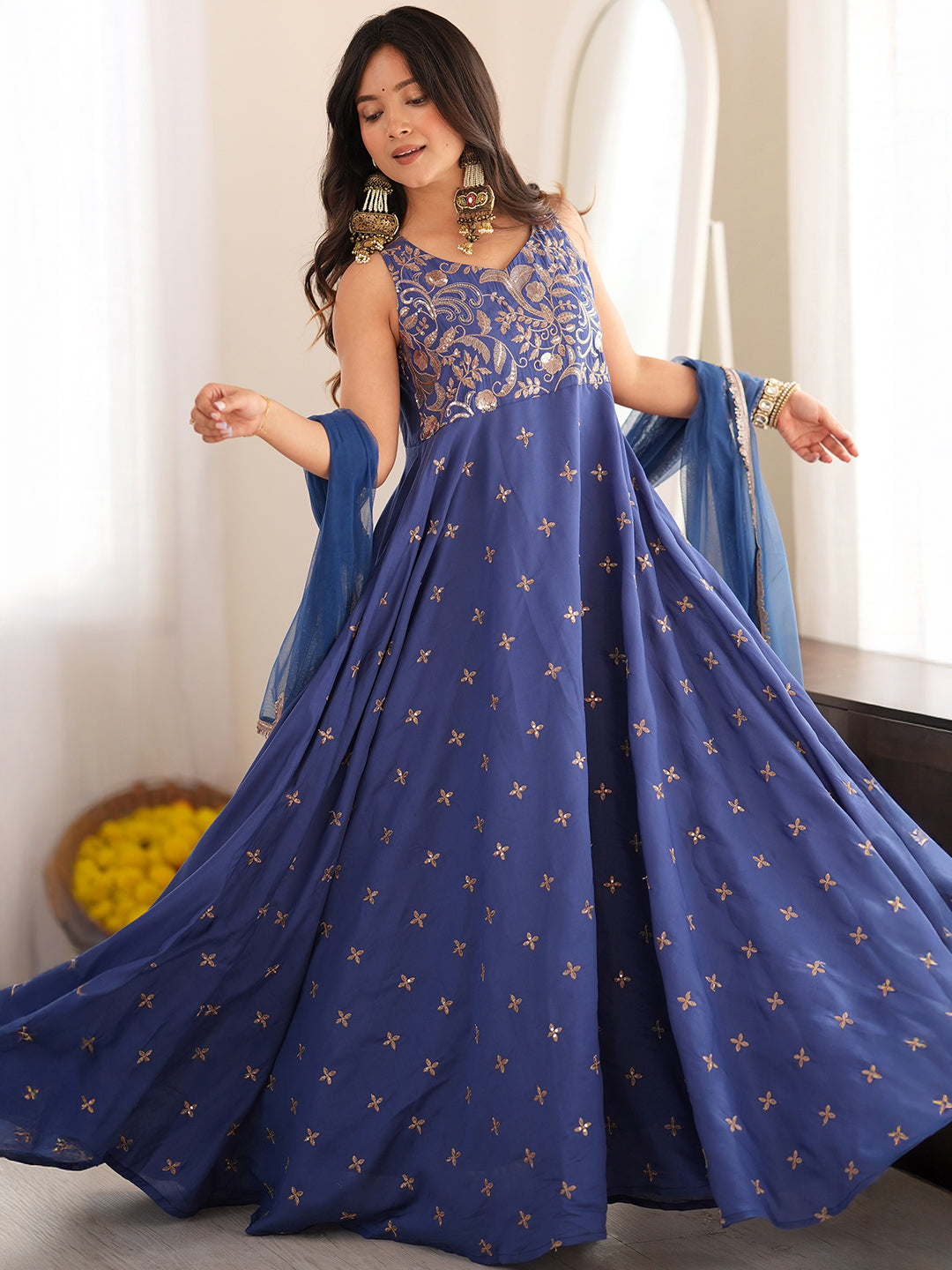 Janasya Women's Blue Chanderi Silk Floral Zari Embroidered A-Line Gown with Dupatta Set