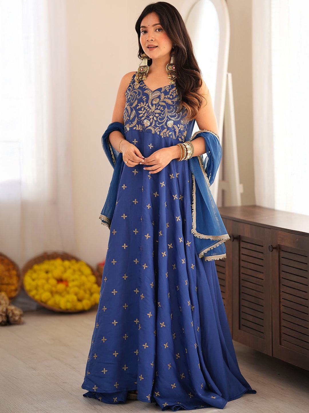 Janasya Women's Blue Chanderi Silk Floral Zari Embroidered A-Line Gown with Dupatta Set