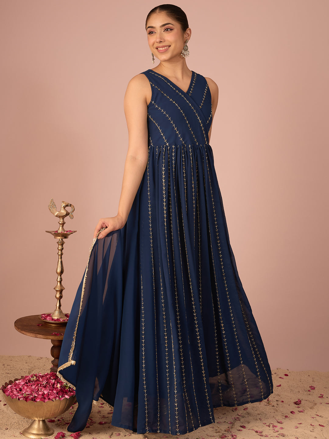 Janasya Women's Navy Blue Georgette Pearls Embroidered Wrap Style A-Line Gown with Dupatta Set