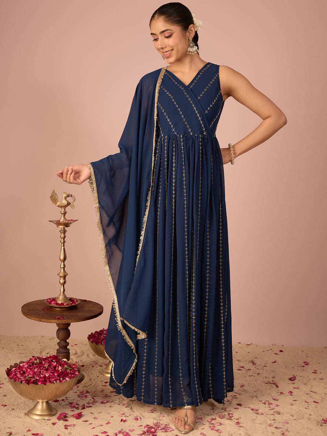 Janasya Women's Navy Blue Georgette Pearls Embroidered Wrap Style A-Line Gown with Dupatta Set