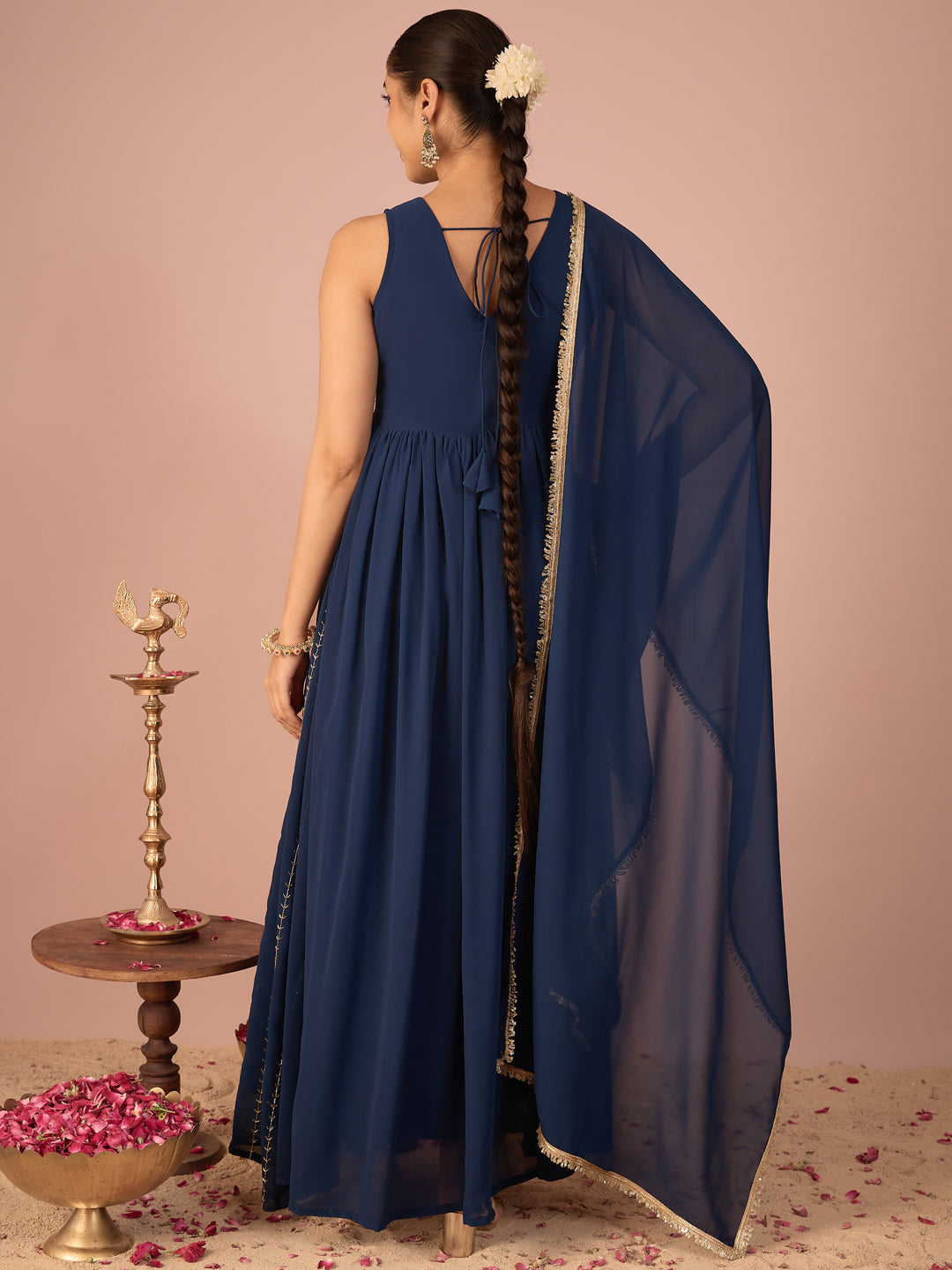 Janasya Women's Navy Blue Georgette Pearls Embroidered Wrap Style A-Line Gown with Dupatta Set