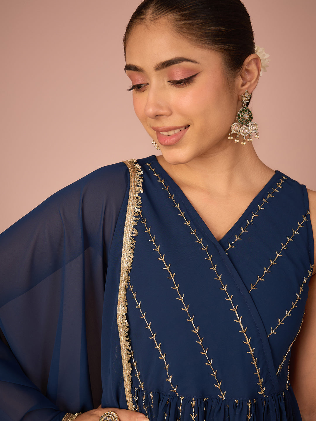 Janasya Women's Navy Blue Georgette Pearls Embroidered Wrap Style A-Line Gown with Dupatta Set