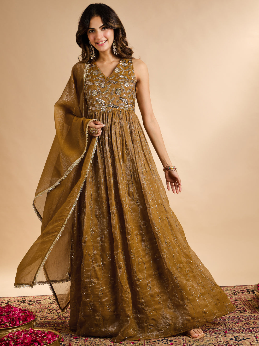 Janasya Women's Olive Mustard Tissue Silk Sequin Beads Embroidered A-Line Gown with Dupatta Set