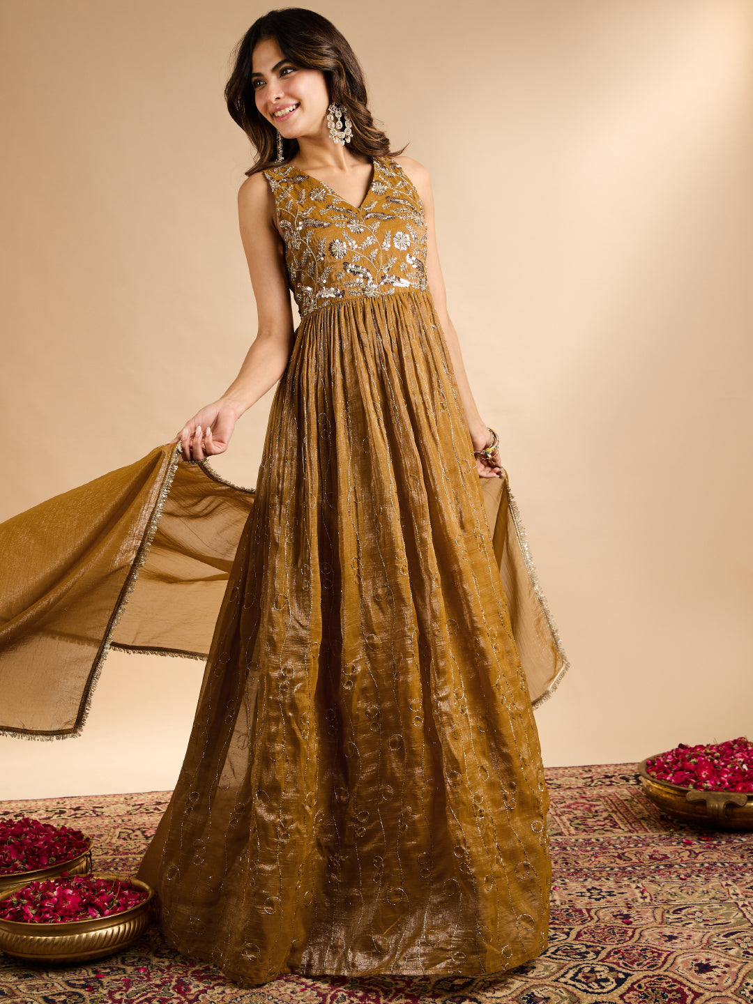 Janasya Women's Olive Mustard Tissue Silk Sequin Beads Embroidered A-Line Gown with Dupatta Set
