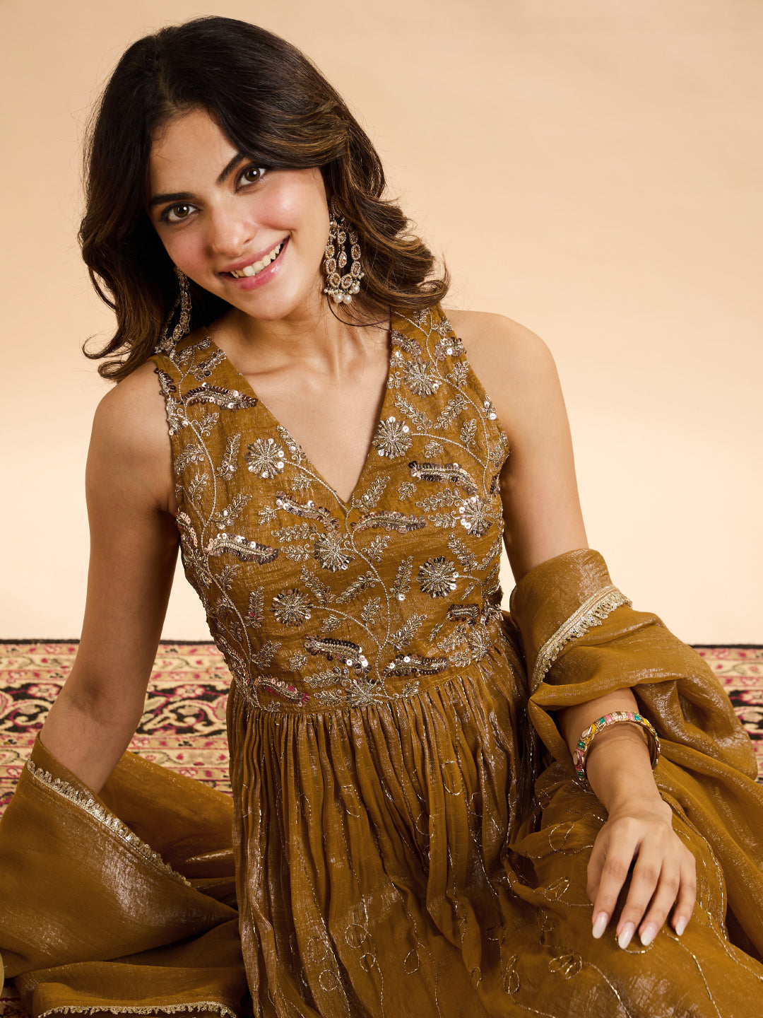Janasya Women's Olive Mustard Tissue Silk Sequin Beads Embroidered A-Line Gown with Dupatta Set