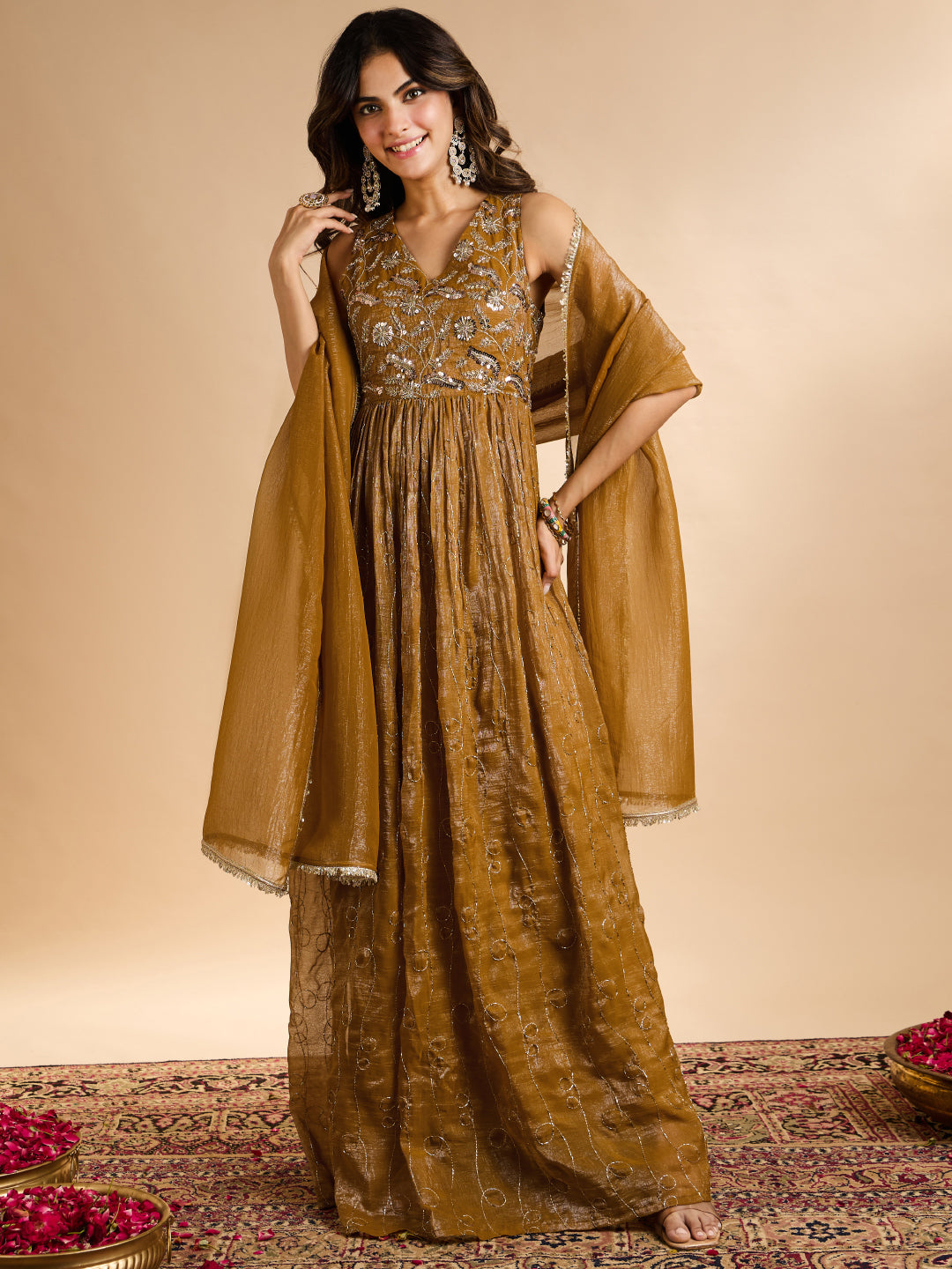 Janasya Women's Olive Mustard Tissue Silk Sequin Beads Embroidered A-Line Gown with Dupatta Set