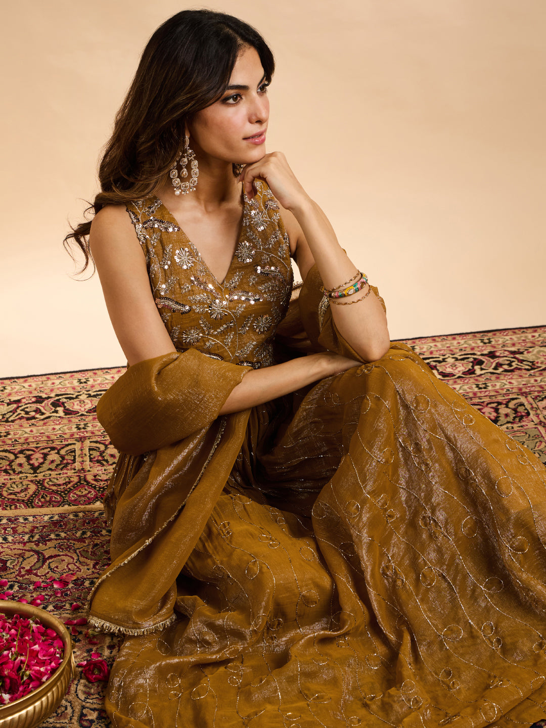 Janasya Women's Olive Mustard Tissue Silk Sequin Beads Embroidered A-Line Gown with Dupatta Set