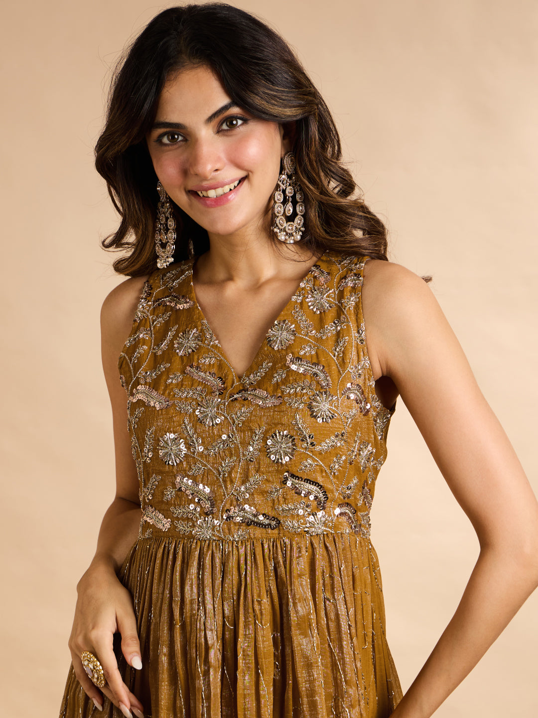 Janasya Women's Olive Mustard Tissue Silk Sequin Beads Embroidered A-Line Gown with Dupatta Set