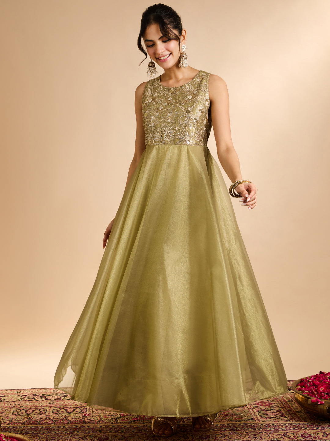 Janasya Women's Olive Green Shimmer Net Floral Zari Yoke Embroidered A-Line Gown