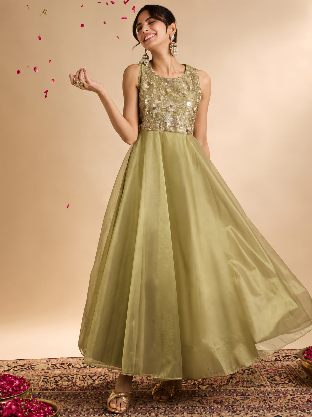 Janasya Women's Olive Green Shimmer Net Floral Zari Yoke Embroidered A-Line Gown