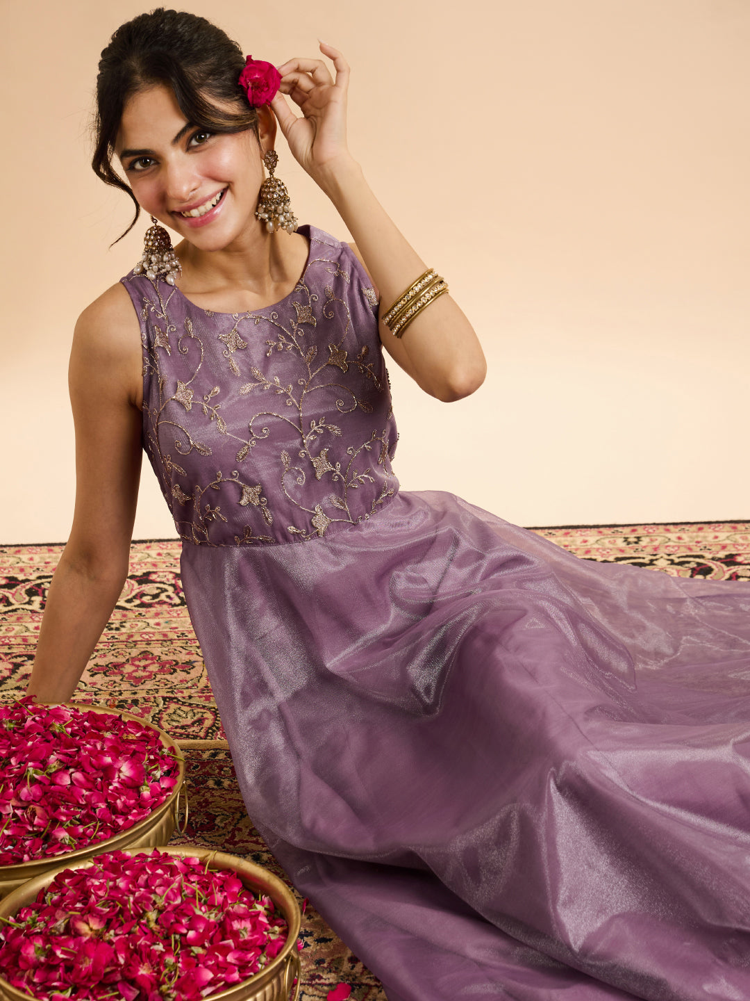 Janasya Women's Lavender Simmer Net Floral Zari Yoke Embroidered A-Line Gown