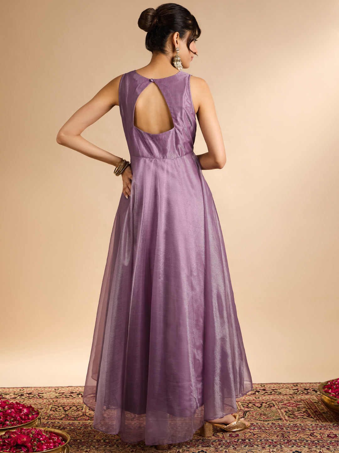 Janasya Women's Lavender Simmer Net Floral Zari Yoke Embroidered A-Line Gown