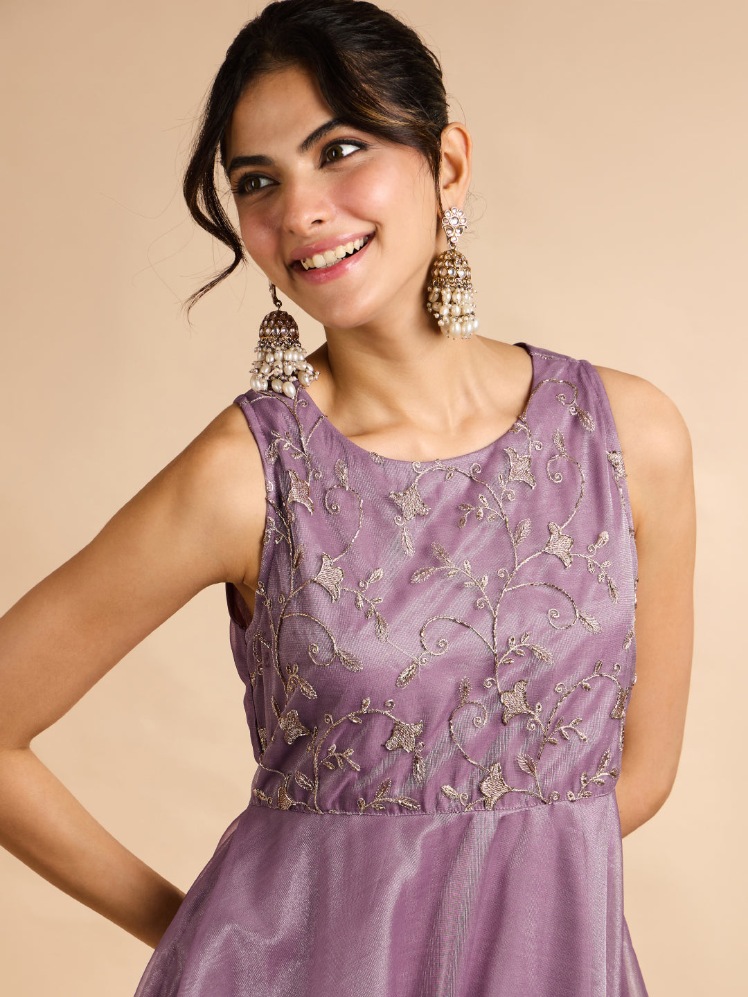 Janasya Women's Lavender Simmer Net Floral Zari Yoke Embroidered A-Line Gown