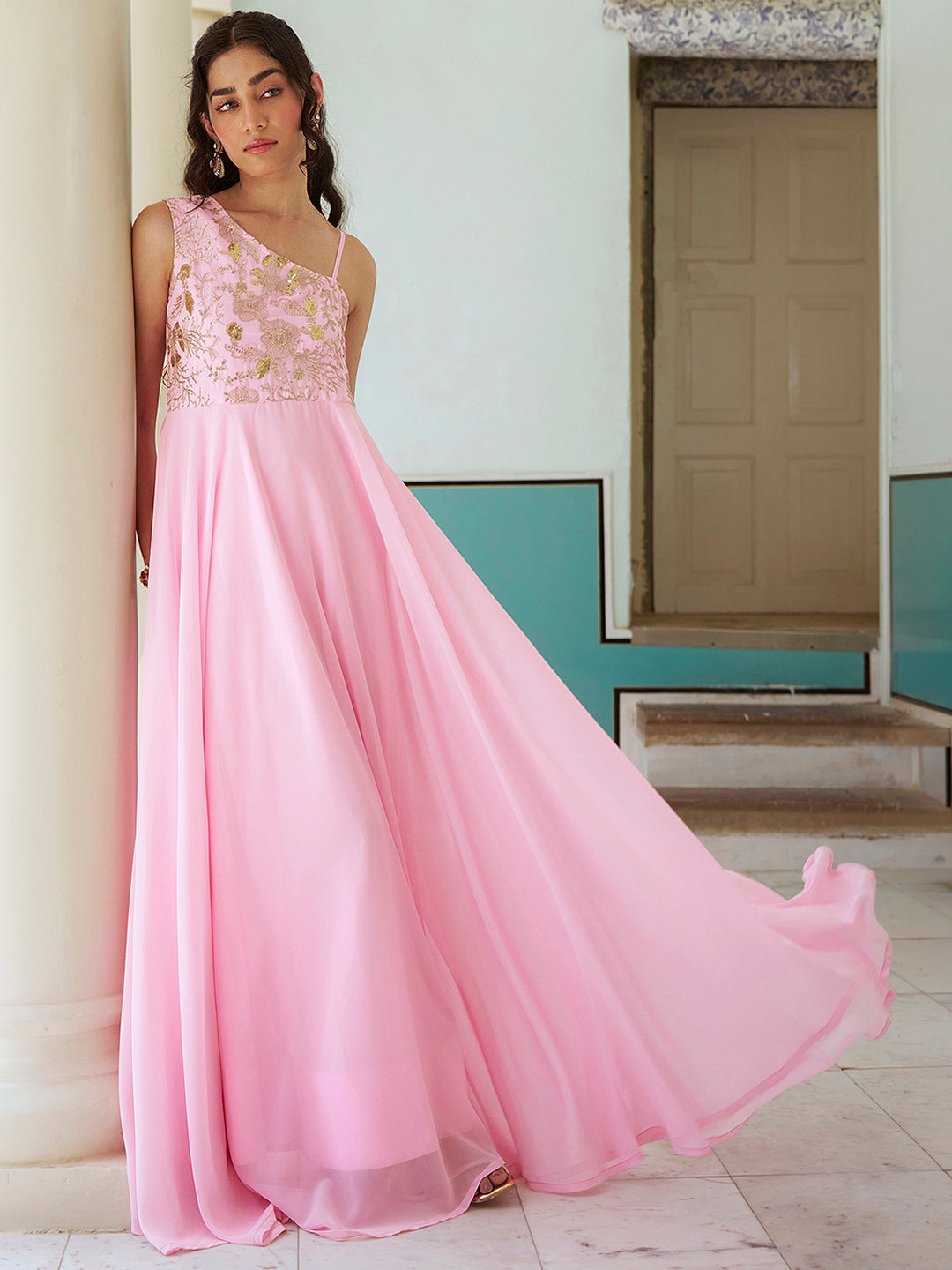 Janasya Women's Pink Georgette Floral Yoke Embroidered Flared Gown