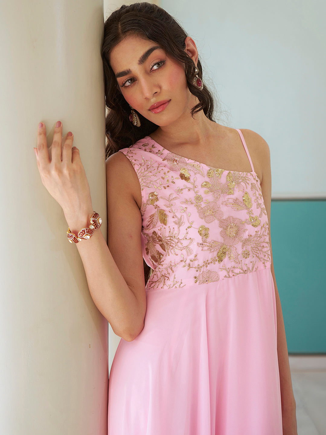 Janasya Women's Pink Georgette Floral Yoke Embroidered Flared Gown