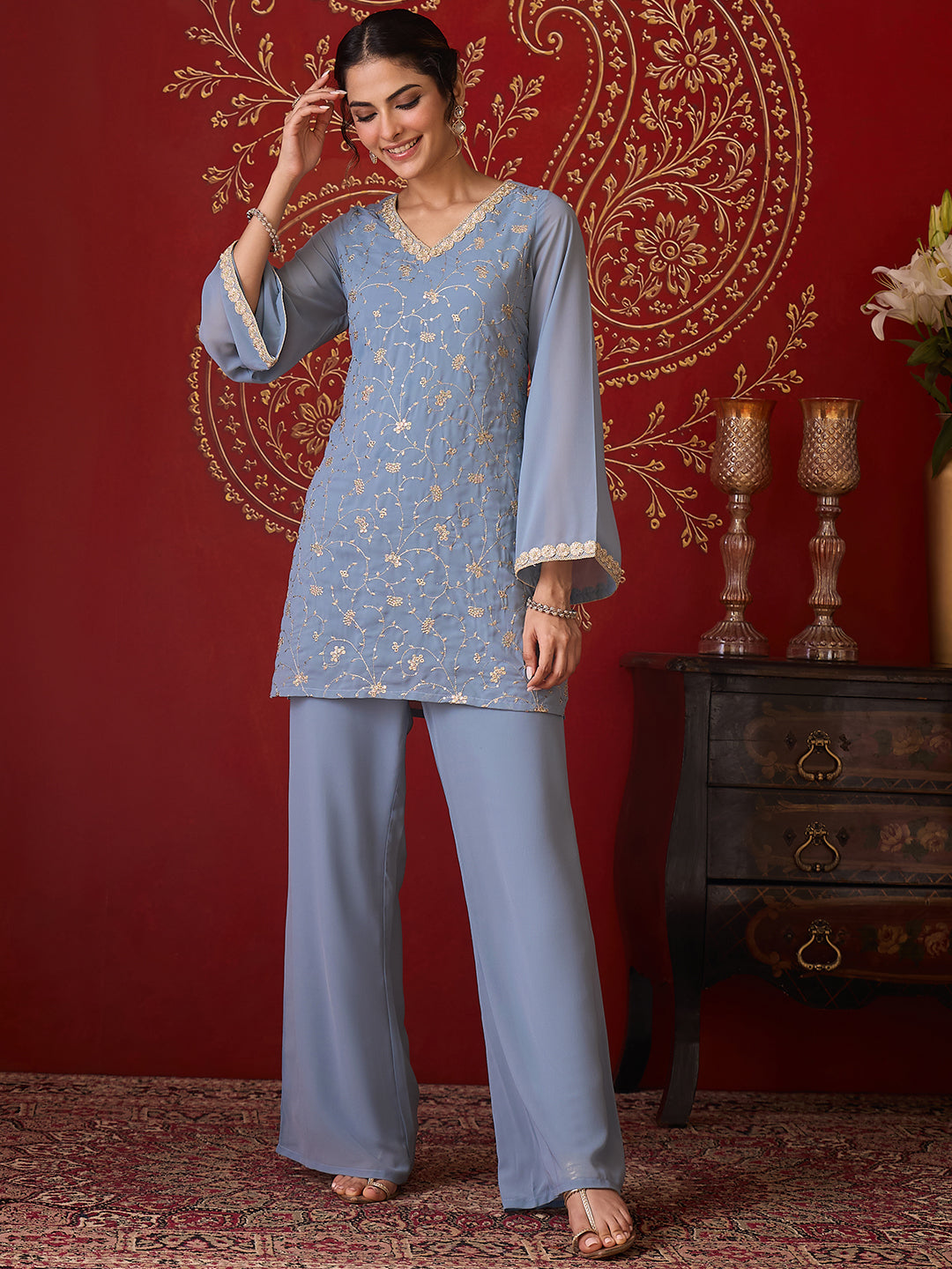 Janasya Women's Ice Blue Georgette Floral Embroidered Straight Kurta with Pant Set