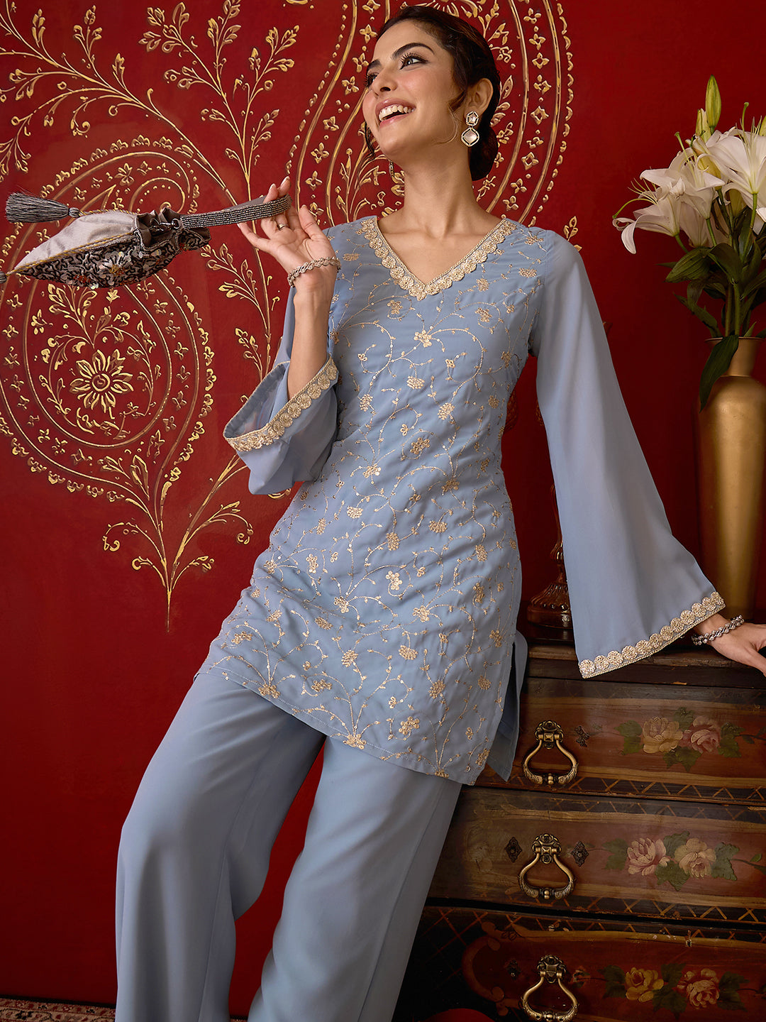 Janasya Women's Ice Blue Georgette Floral Embroidered Straight Kurta with Pant Set