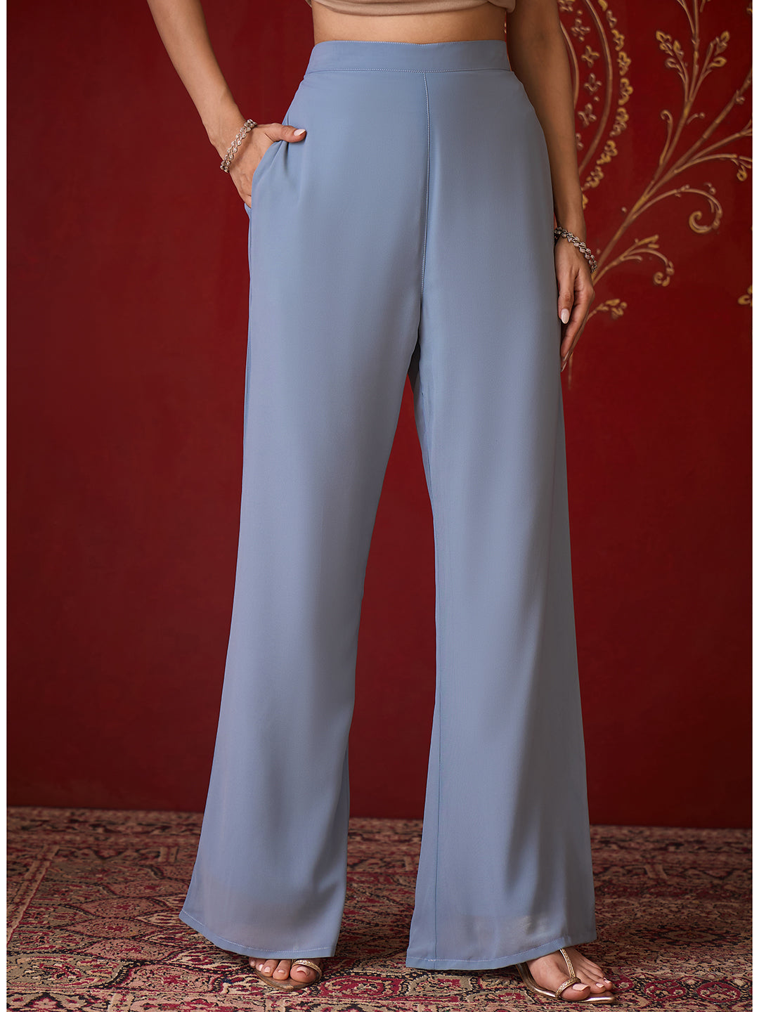 Janasya Women's Ice Blue Georgette Floral Embroidered Straight Kurta with Pant Set