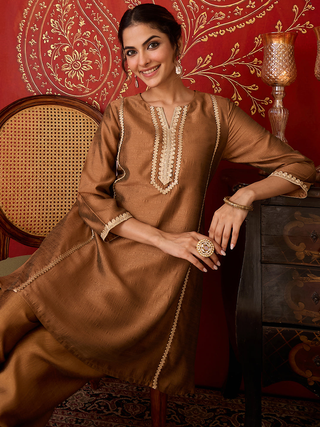Janasya Women's Bronze Silk Blend Embellished A-Line Kurta with Pant Set