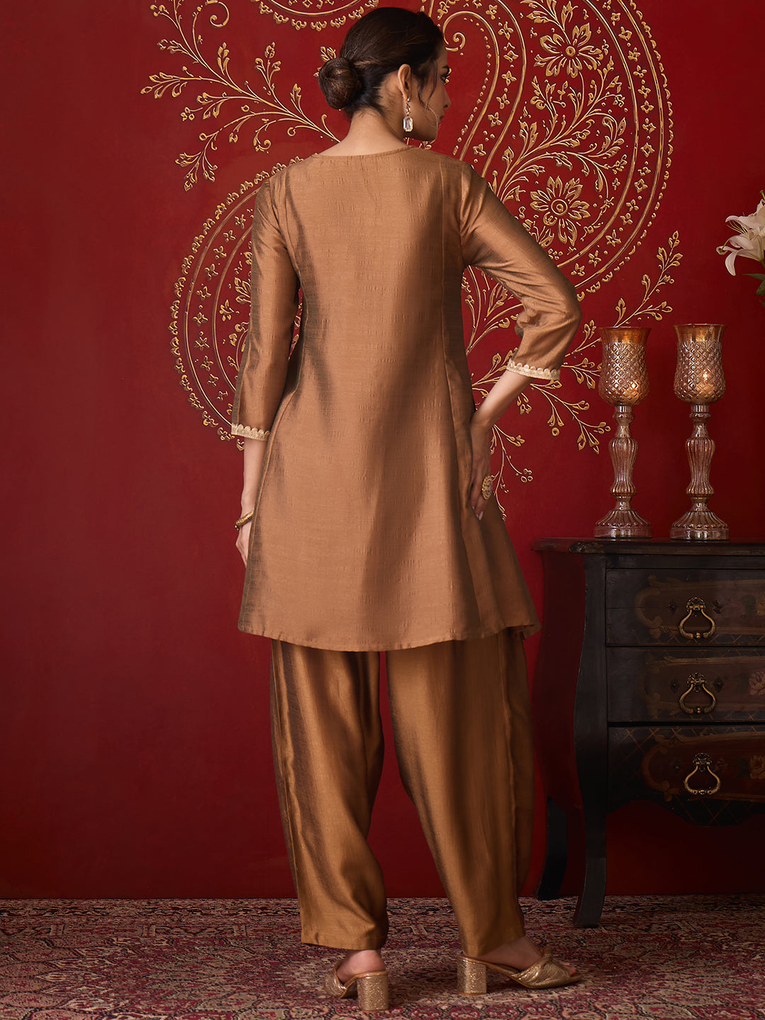 Janasya Women's Bronze Silk Blend Embellished A-Line Kurta with Pant Set