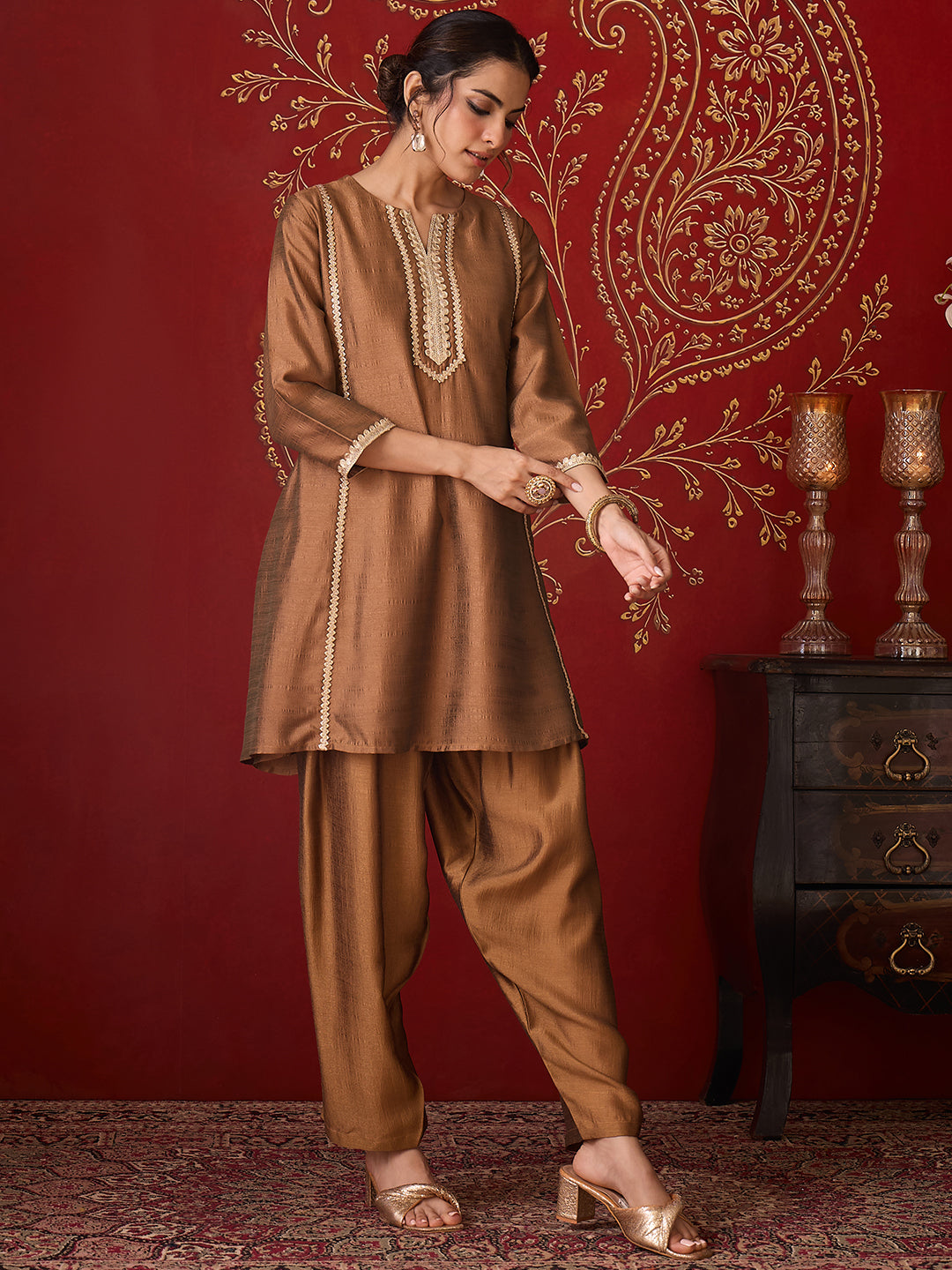Janasya Women's Bronze Silk Blend Embellished A-Line Kurta with Pant Set