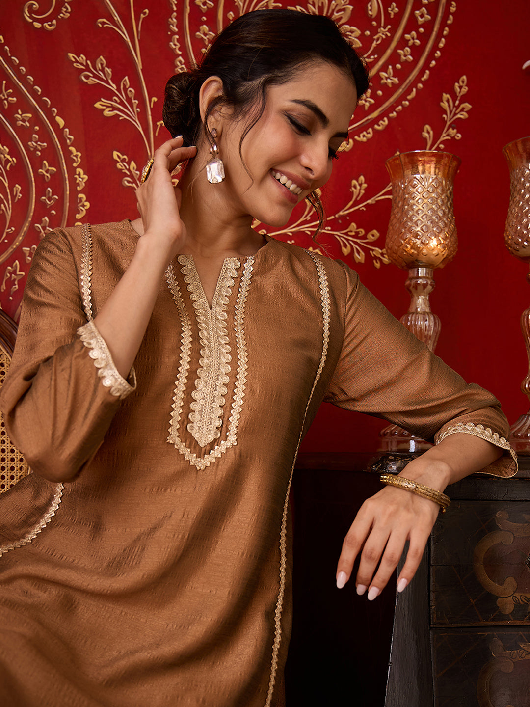 Janasya Women's Bronze Silk Blend Embellished A-Line Kurta with Pant Set
