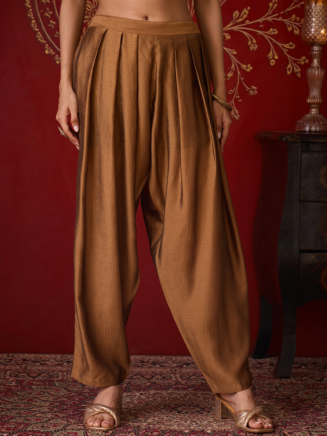 Janasya Women's Bronze Silk Blend Embellished A-Line Kurta with Pant Set