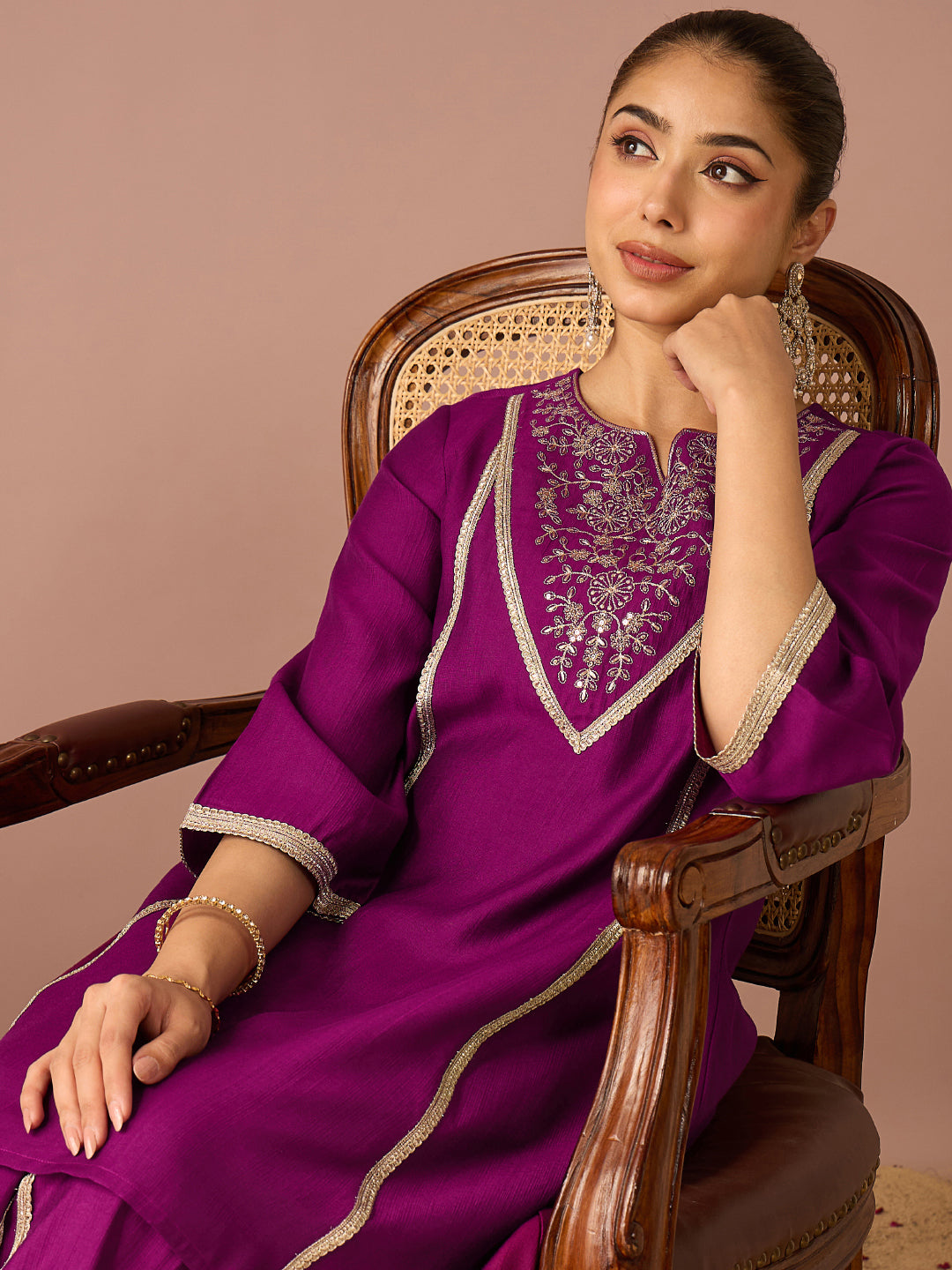 Janasya Women's Purple Silk Blend Floral Sequins and Zari Yoke Embroidered A-Line Co-Ord Set
