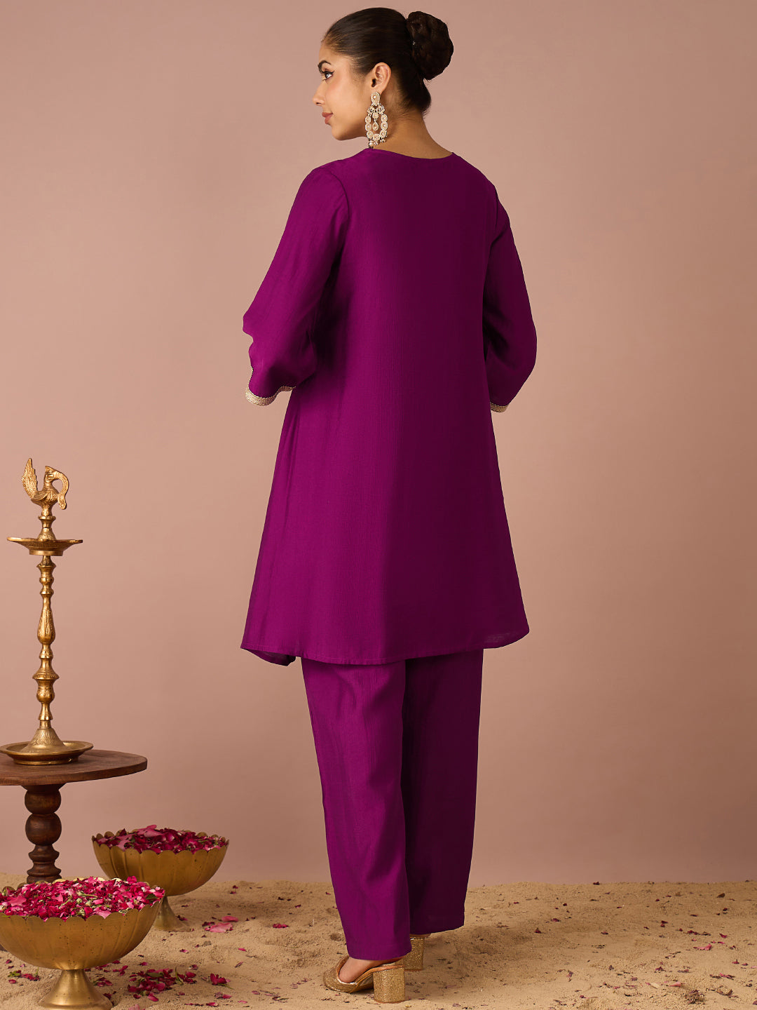 Janasya Women's Purple Silk Blend Floral Sequins and Zari Yoke Embroidered A-Line Co-Ord Set