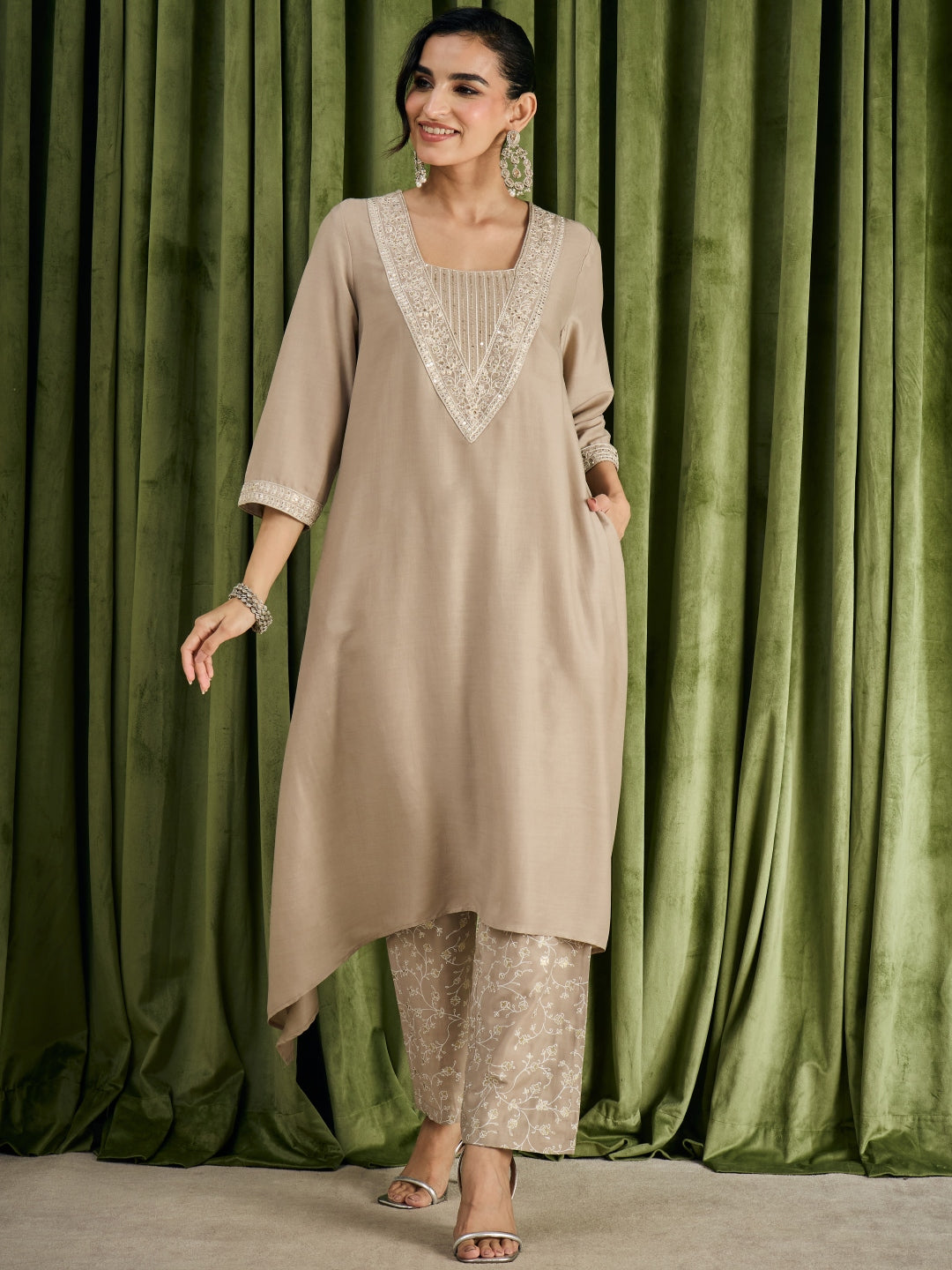 Janasya Women's Beige Muslin Yoke Embroidered A-Line Kurta Pant Set
