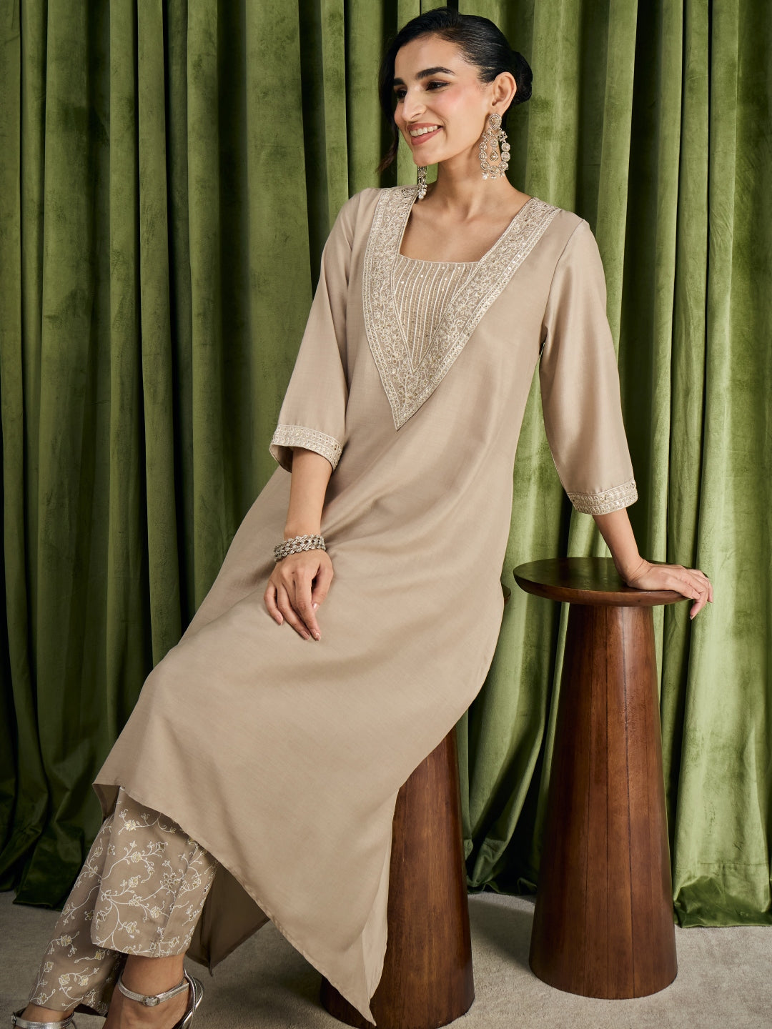 Janasya Women's Beige Muslin Yoke Embroidered A-Line Kurta Pant Set