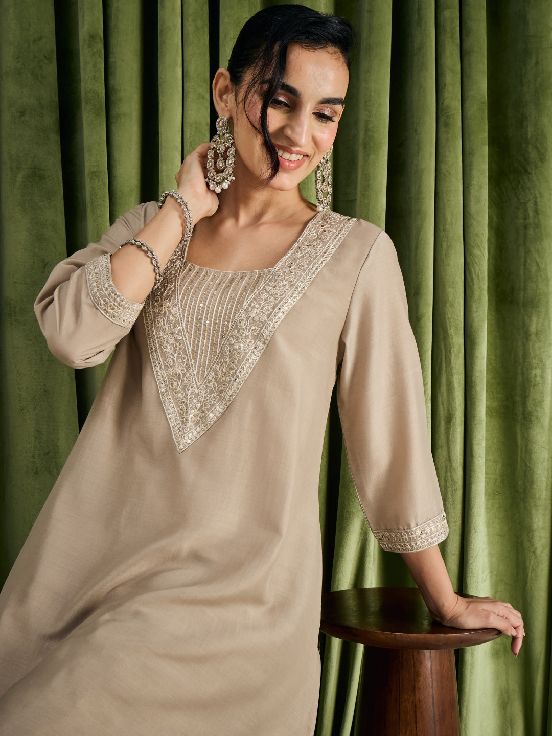 Janasya Women's Beige Muslin Yoke Embroidered A-Line Kurta Pant Set