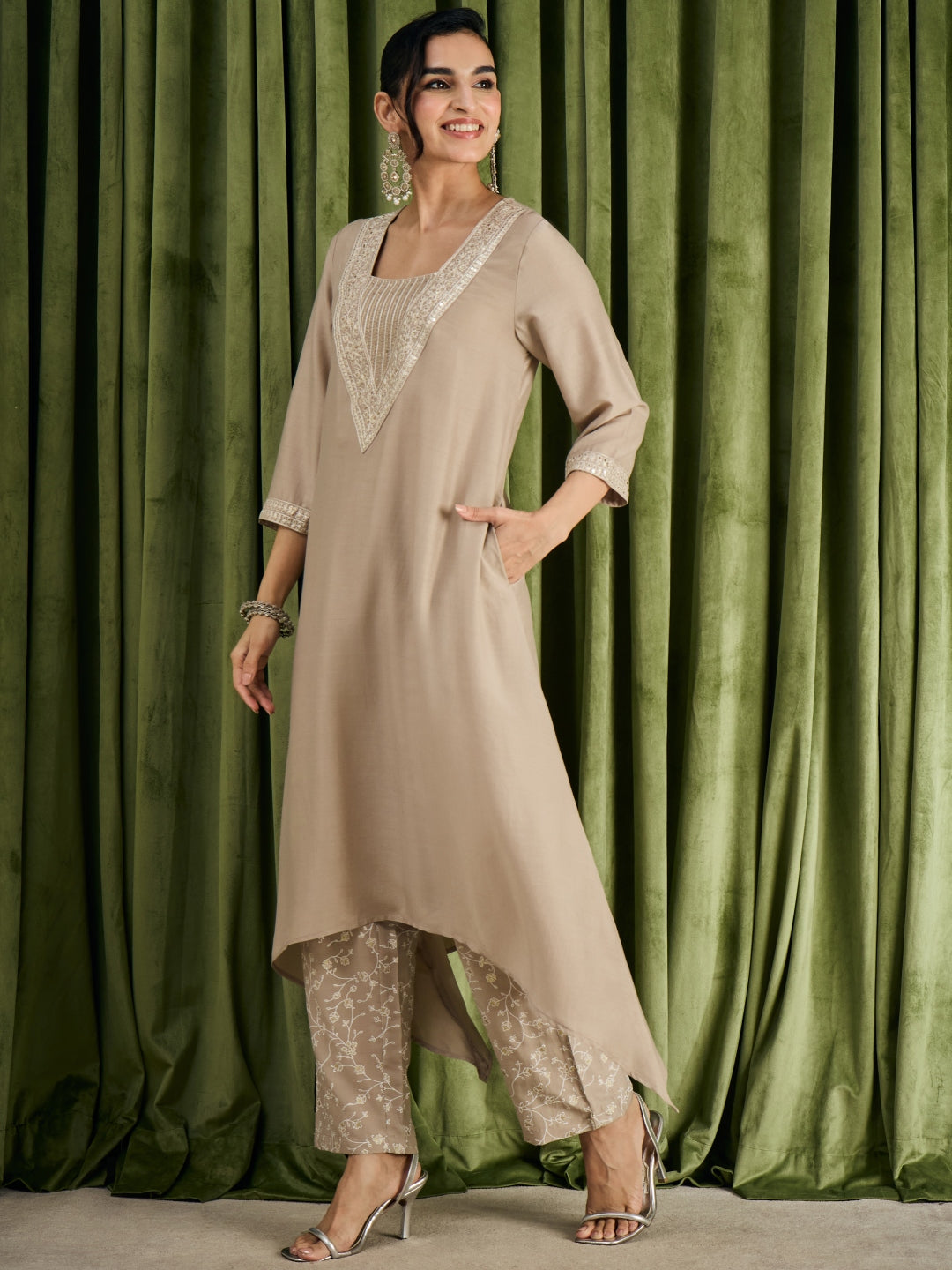 Janasya Women's Beige Muslin Yoke Embroidered A-Line Kurta Pant Set