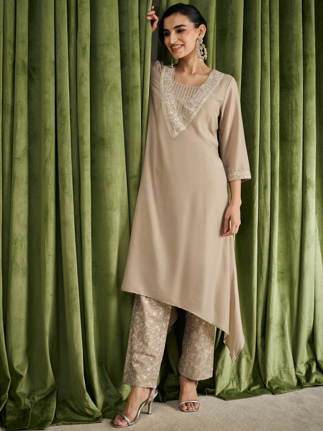 Janasya Women's Beige Muslin Yoke Embroidered A-Line Kurta Pant Set