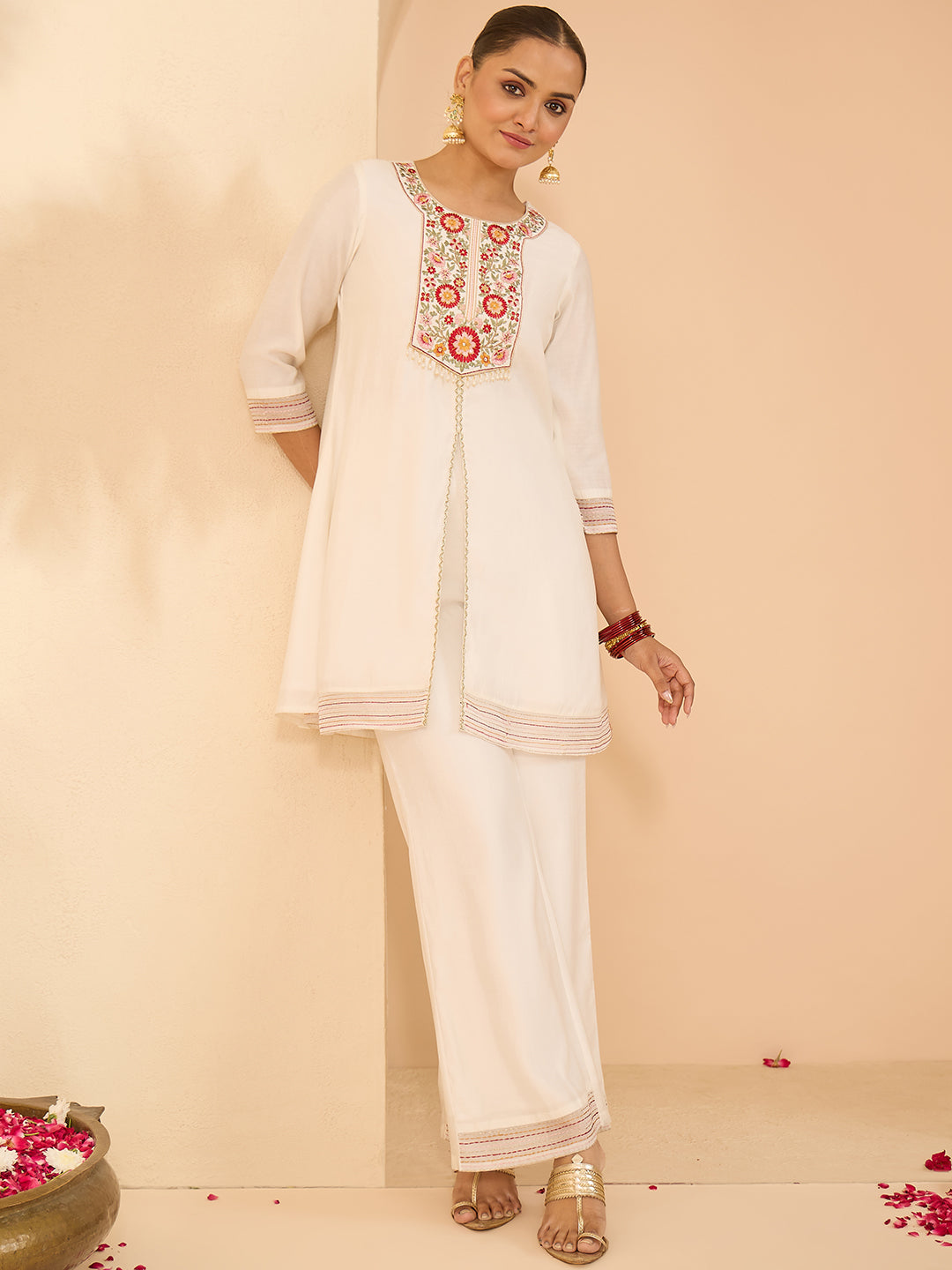 Janasya Women's White Chanderi Silk Yoke Embroidered A-Line Front Slit Co-Ord Set